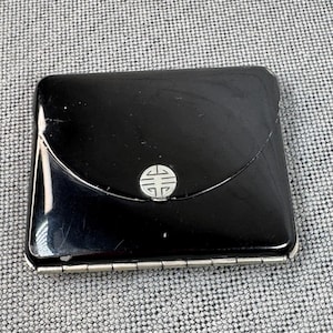 French Art Deco Black Enamel Compact With Mirror, Designer, Marked Made in France, c. 1920