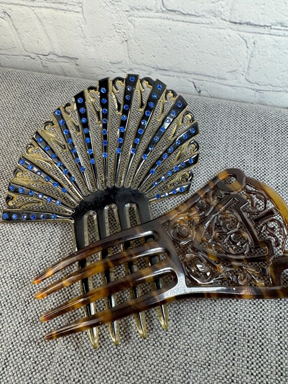 Vintage Art Deco Faux Tortoise Shell Rhinestone Celluloid Hair Picks Combs Antique Faux Tortoise Shell and Rhinestone Hair Comb  main image 2