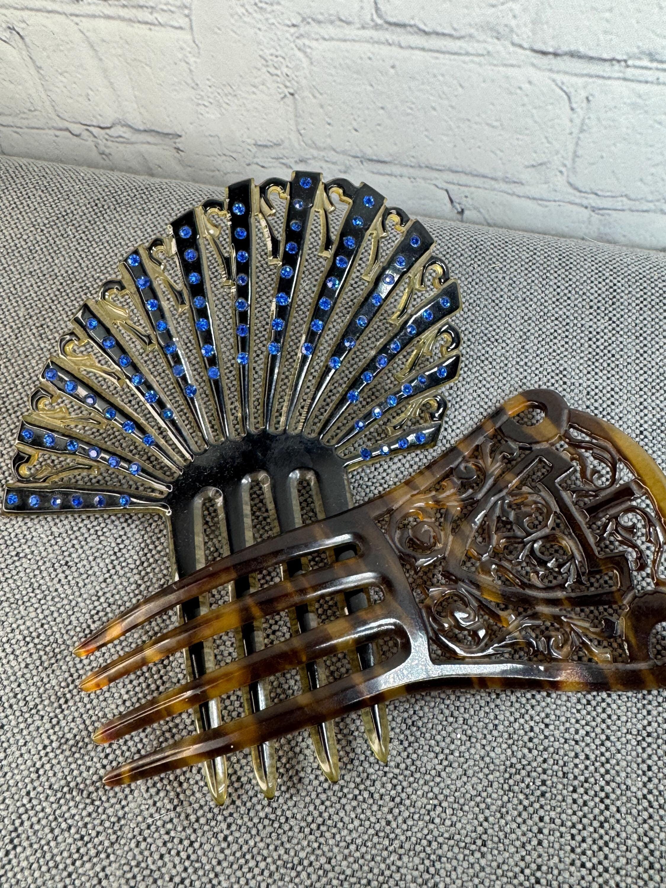 Art Deco Celluloid Tortoise Shell Hair Comb with Blue Rhinestones 1920s Celluloid Hair Comb: Antique Faux Tortoise Shell With  main image 4
