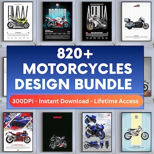 Könnte beinhalten: Eine Sammlung von Motorrad-Design-Postern mit Marken wie Suzuki, BMW und Yamaha. Die Poster zeigen detaillierte Illustrationen verschiedener Motorradmodelle. Das zentrale Banner lautet "820+ MOTORCYCLES DESIGN BUNDLE".