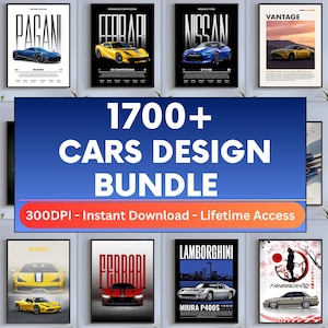 Puede incluir: Una colección de carteles de diseño de coches con varios modelos, incluyendo un Nissan azul y un Ferrari amarillo. La imagen incluye una pancarta que dice "1700+ CARS DESIGN BUNDLE".