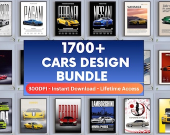 May include: A selection of car posters showcasing different vehicle designs, such as a blue Nissan and a yellow Vantage. The image includes a banner that reads "1700+ CARS DESIGN BUNDLE".