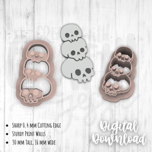 Puede incluir: Tres cortadores de galletas de calavera apilados, cada uno con un tamaño y detalle diferente. Los cortadores están hechos de plástico rosa resistente y tienen un borde de corte afilado de 0,4 mm. Los cortadores miden 30 mm de alto y 16 mm de ancho. Descarga digital.