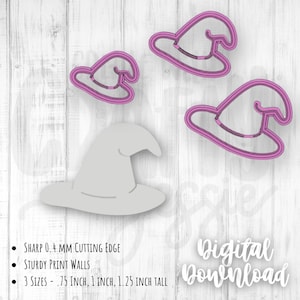 May include: Three witch hat cookie cutters in different sizes. The cutters are pink and have a sharp 0.4 mm cutting edge. The text "SHARP 0.4 MM CUTTING EDGE", "STURDY PRINT WALLS", "3 SIZES - .75 INCH, 1 INCH, 1.25 INCH TALL" and "Digital Download" is visible in the image.