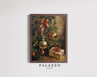 Könnte beinhalten: Ein Gemälde eines Weihnachtsbaums mit goldenen und roten Ornamenten, einer roten Schleife und einer verpackten Geschenkbox. Der Baum ist mit Lichtern geschmückt und der Hintergrund ist dunkelbraun.