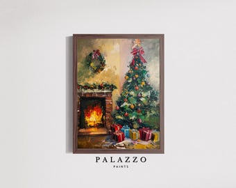 Könnte beinhalten: Ein Gemälde eines Weihnachtsbaums, der mit Kugeln und einer roten Schleife geschmückt ist, vor einem Kamin mit einem brennenden Feuer. Geschenke sind unter dem Baum verpackt.