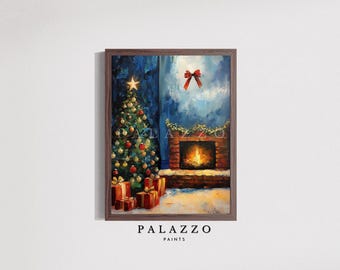 Könnte beinhalten: Ein Gemälde, das eine Weihnachtsszene mit einem geschmückten Weihnachtsbaum, Geschenken und einem Kamin mit glühendem Feuer zeigt. Das Gemälde ist in einem braunen Holzrahmen gerahmt.