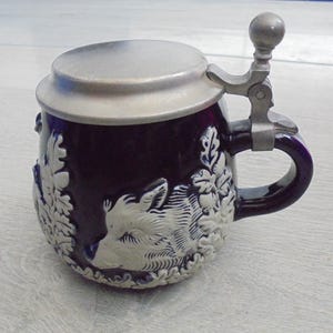 Vintage German Beer Stein | Relief Porcelain Mug with Pewter Lid | Rein Zinn Marked | Collectible Beer Mug