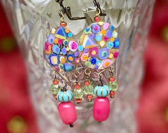 Lilygrace Earrings, Klimt Hand Painted Gold Leaf, Jade Beads, & Vintage Glass Beads