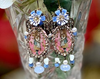 Lilygrace Alice in Wonderland Earrings, Gold leaf, Poly Clay, Vintage Rhinestones, Chalcedony, Vintage Flower Beads and Freshwater Pearls