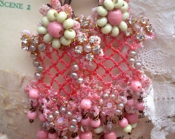 Lilygrace Pink and Green Lace Earrings with Rose Montee and Vintage Glass Beads
