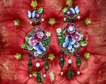 Lilygrace Earrings Pink Flower Butterfly Hand Painted Vintage Rhinestones, Jade, Apatite, Freshwater Pearls, Sequins & Vintage Glass Beads