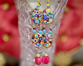 Lilygrace Earrings, Klimt Hand Painted Gold Leaf, Apatite, Jade, Rhinestones & Vintage Glass Beads