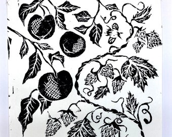 Lilygrace Print - Houblon et pommes, Bosbury, Herefordshire, Imprimé à la main sur papier bambou japonais