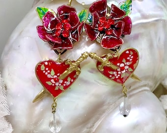 Lilygrace Hand Painted Tattoo Heart and Rose Wire Earrings with Rock Crystal Briolettes and Gold Leaf