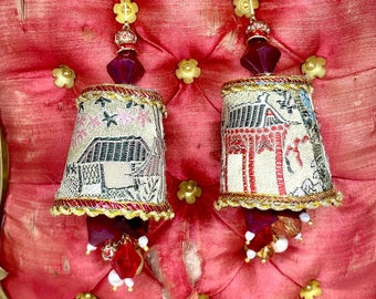 Lilygrace Earrings  Lampshade Vintage Silk Jacquard with Vintage Lucite Beads, Vintage Braid and Freshwater Pearls