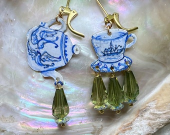 Lilygrace Earrings, Handcut & Handpainted Brass Teacup and Teapot with Vintage Glass Beads