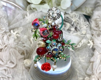 Lilygrace Ring Statement Cocktail Floral Upcycled Vintage Rhinestone Brooches with Apatite, Jade, Mother of Pearl and Freshwater Pearls