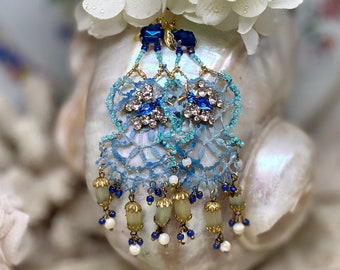 Lilygrace Earrings Blue Vintage Lace with Butterflies, Mother of Pearl, Vintage Spun Glass Beads and Vintage Rhinestones