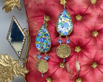 Lilygrace Earrings, Statement Klimt Blue and Green Hand Painted Gold Leaf, Apatite, Rhinestones & Vintage Glass beads