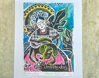 Lilygrace Print - Frida Linocut Print Hand Coloured with Japanese Watercolours on Japanese Bamboo Paper