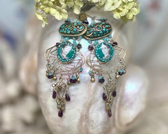 Lilygrace Frida Earrings, Vintage Tibetan Turquoise, Filigree, Poly Clay, Glass beads and Garnets