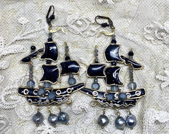 Lilygrace Earrings Handmade Black Pearl Tall Ship Pirate Galleon Pirate with Brass Wire, Resin and Grey Freshwater Pearls version two