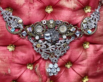 Lilygrace Necklace - Steampunk Flowers with Vintage Marcasite & Rhinestone Brooches and Watch Cogs