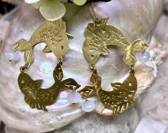 Lilygrace Earrings, Handcut Brass Yin and Yang Fish Harmony Circles with Blue Chalcedony