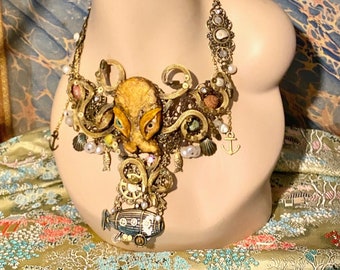 Lilygrace Necklace - Steampunk Statement Kraken Wakes with Baroque Pearls, Watch Cogs, Shells, Vintage Rhinestones and Vintage Jewelery