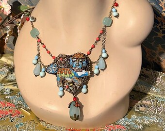 Lilygrace Necklace - Guardian Lion Dog with Vintage Silver Gilt Brooch, Prehinite, Coral, Vintage Glass Beads and Rhinestones