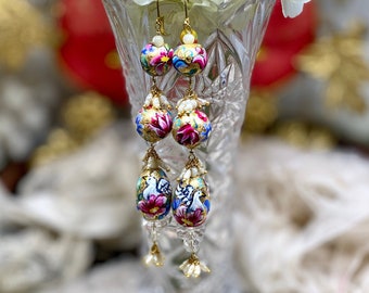 Lilygrace Earrings Statement Bead Trail Qajar Inspired Hand Painted with Freshwater Seed Pearls, Vintage Crystal Beads & Gold Leaf