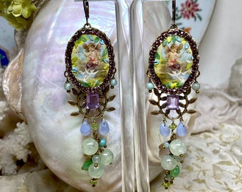 Lilygrace Earrings Cherub & Dove Cameo with Gemstones, Emerald-cut Amethysts, Peridot, Chalcedony,  Jade and Vintage Rhinestones