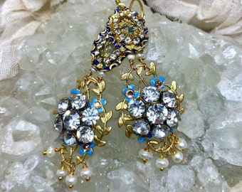 Lilygrace Earrings Dainty Flower with Vintage Rhinestone Flowers, Vintage Floral Brass Filigrees, Gold Leaf and Freshwater Seed Beads