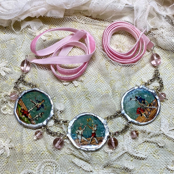 Lilygrace Statement Necklace Vintage Circus Acrobats Antique Magic Lantern with Vintage Glass Beads