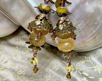 Lilygrace Amber Oriental Lantern  Earrings with Vintage Beads, Czech Glass Beads and Vintage Rhinestones
