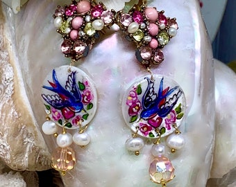 Lilygrace Tattoo Swallow Handpainted Mother of Pearl Earrings with Vintage Brooch and Freshwater Pearls