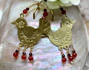Lilygrace Earrings, Handcut Brass Birds with Carnelian, Jade & Crystal Beads