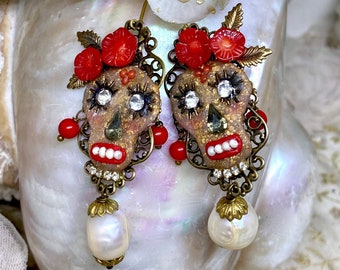 Lilygrace Earrings - Hand Modelled Calavera with Poly Clay, Gold Leaf, Coral,  Freshwater Pearls and Vintage Rhinestone Eyes