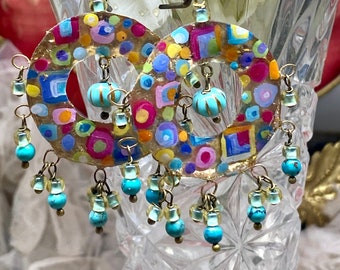 Lilygrace Earrings, Hoops Klimt Hand Painted Gold Leaf, Turquoise Beads, & Vintage Glass Beads