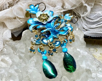 Lilygrace Earrings -  Baroque Floral Curls Hand Painted Balsa with Vintage Rhinestones, Apatite, Turquoise, and Elytra Beetle Wings