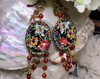 Lilygrace Earrings Floral Cameo Poly Clay with Brass Scrolls, Vintage Rhinestones, and Carnelians