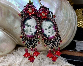 Lilygrace Earrings (seconds) -  Clara Bow Cameo w Rubies, Vintage Rhinestones, Freshwater Pearls, Jade and Vintage Glass Flower Beads