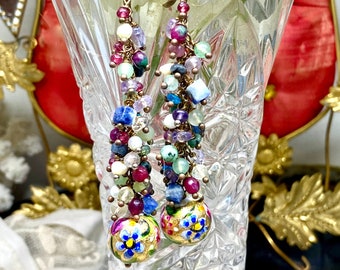 Lilygrace Earrings Gemstone Cluster Trail Qajar Inspired Hand Painted Beads with Freshwater Seed Pearls, Gemstones & Gold Leaf