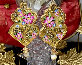 Lilygrace Earrings -  Statement Baroque Hand Painted with Vintage Rhinestones, Facetted Jade and Vintage Mother of Pearl