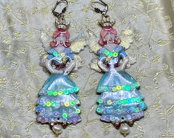 Lilygrace Earrings, Hand painted Fairies, Handcut Balsa wood with Freshwater Pearls and Vintage Sequins