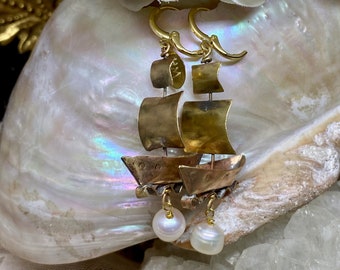 Lilygrace Earrings Handmade Handcut Brass  Simple Tall Ship Pirate Galleon with Baroque Freshwater Pearls