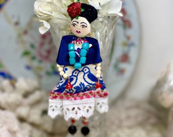 Lilygrace Brooch Large Frida with Handpainted Face, Vintage Broderie Anglais, Vintage Braid, Vintage Bone Beads and Vintage Glass Beads