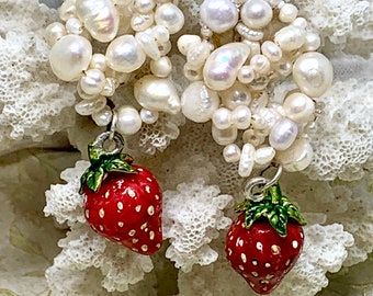Lilygrace Hand Painted Scarlet Strawberry Earrings with Freshwater Pearl Clusters
