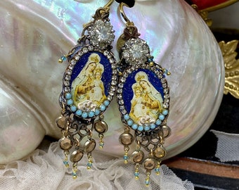 Lilygrace Earrings Madonna and Child with Vintage Rhinestones, Jade Beads and Vintage Glass Beads